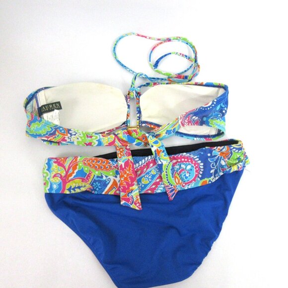 LAUREN Ralph Lauren 2 pc Swimsuit Bikini Sz 6 Blue Paisley Halter Neck Tie Back - Picture 3 of 9